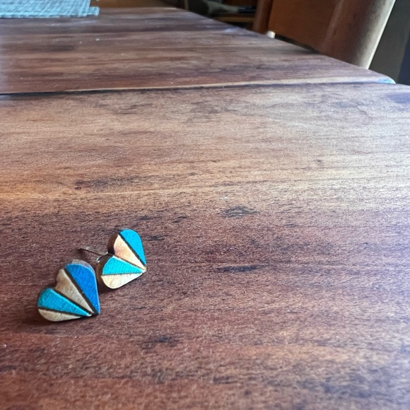 Wooden Heart Earrings, Striped—Pierced —Blue Teal Turquoise Brown—Local Artist - Picture 6 of 6